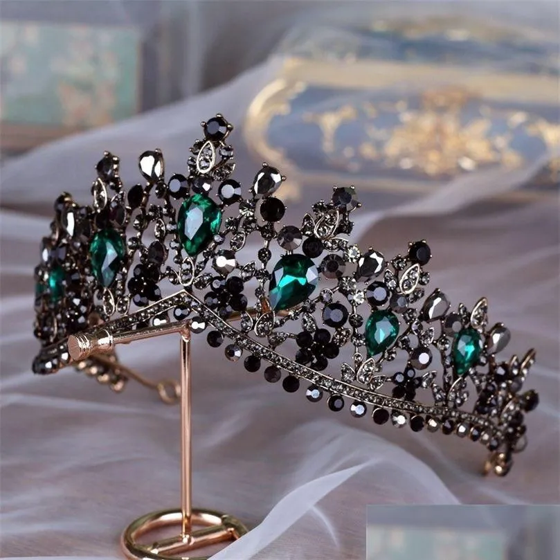 Hair Jewelry Baroque Bronze Black Green Crystal Bridal Tiaras Crown Vintage Diadem For Brides Headbands Accessories 220831 Drop Deliv Dhywq