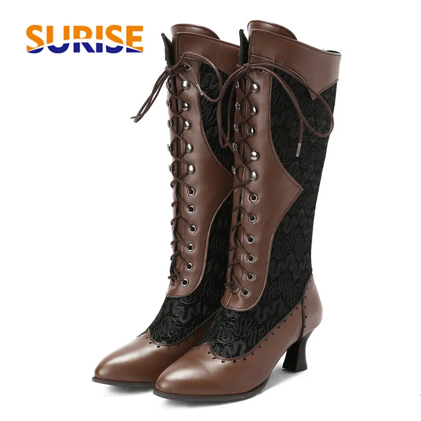 Stiefel Winter Viktorianische Frauen Mittelkalb Stiefel Weiß Schwarz Braun Leder Hohe Kitten Heels Party Kleid Dame Spitze Zehen Schnürung Plus Größe 230907