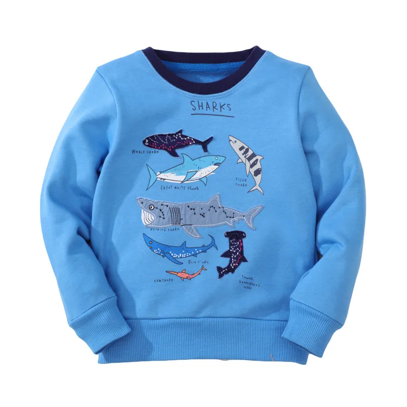 Hoodies Sweatshirts Meters springen Jongens Lange mouwen Haaienborduurpatroon Kinderkleding Herfst Bovenkleding Blauwe kleding 27 jaar 230907
