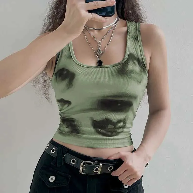 Deeptown Grunge Y2k Grünes Tank Top Damen Gothic Punk Abstrakter Druck Schlanke Sommerweste Amerikanische Streetwear Coquette Crop Tops