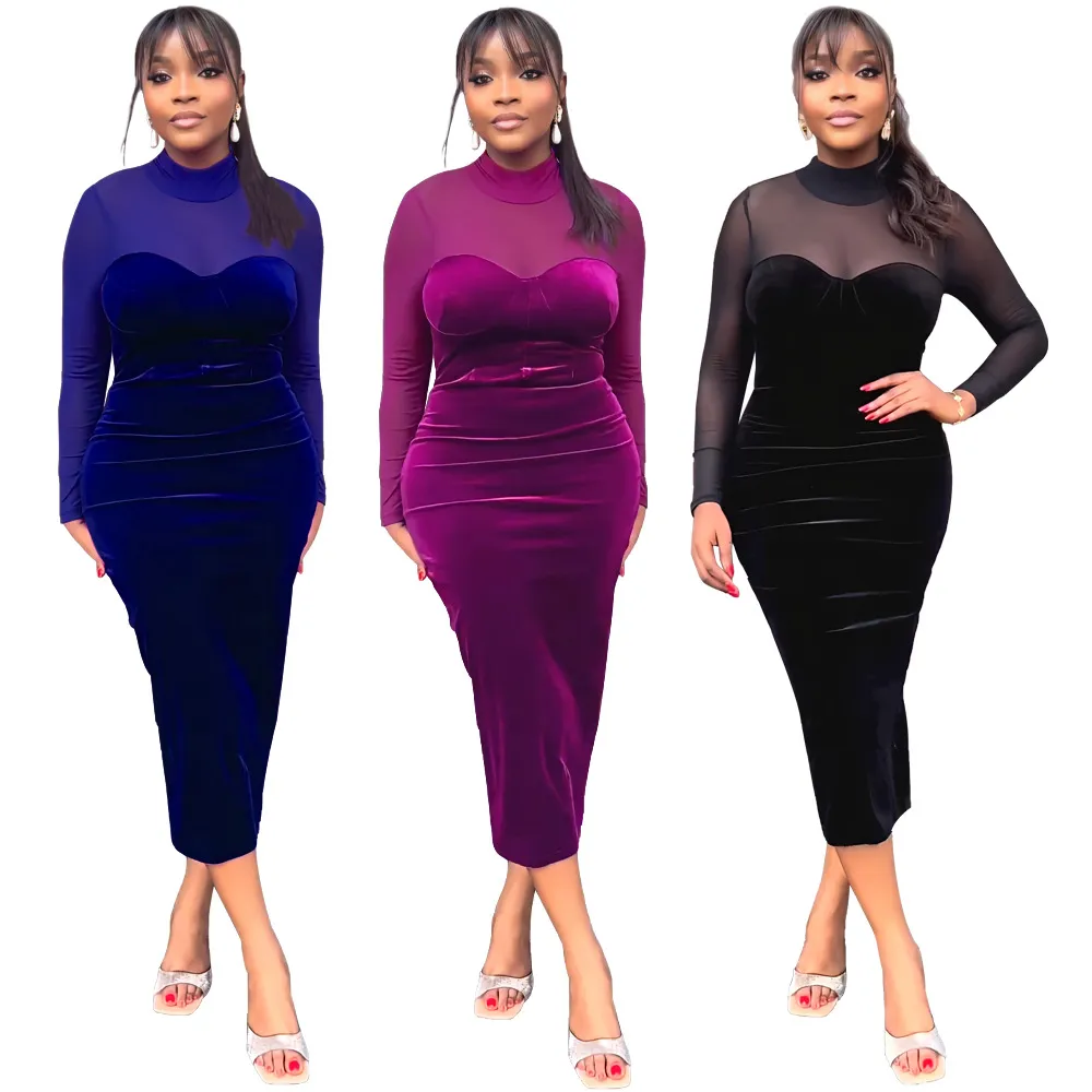 Mesh Panelled Velvet Dresses Women Sexy Sheer Bodycon Evening Party Dress Free Ship