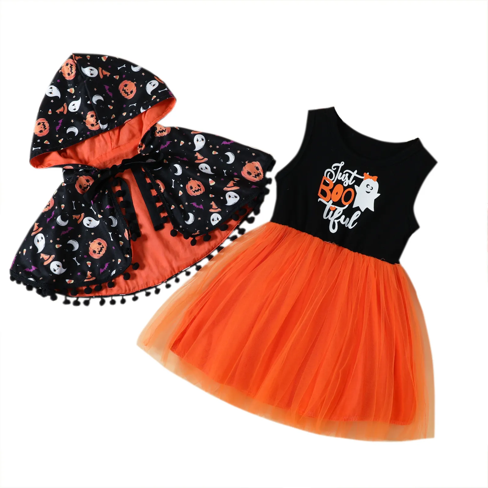 Vestidos de Halloween para meninas com capa com capuz + vestido de tule Conjunto de roupas de 2 peças para crianças Conjuntos de roupas de cosplay de Halloween