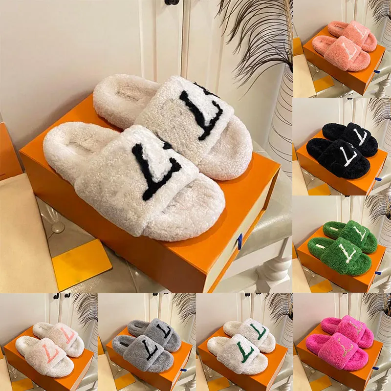 Luxury Pairs Brand Women Designer Furry Slippers Luxury Fur slides Comfort Mule Fluffy Shoes Slip On Cloud White Black Pink Green Fuzzy Sliders