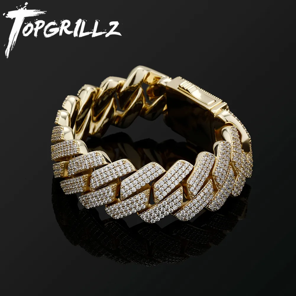 Bangle Topgrillz Mens Armband 20mm 3 Row Zirconia Prong Link Chain Iced Out Micro Pave CZ Cuban Chain Hip Hop Fashion Jewelry for Gift 230908