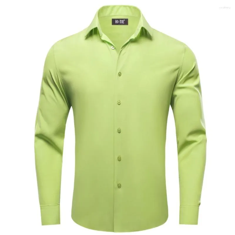 Chemises décontractées pour hommes Hi-Tie Chartreuse Vert Soie Hommes Solide Revers À Manches Longues Mâle Blouse Costume Chemise Pour Mariage Affaires Respirant