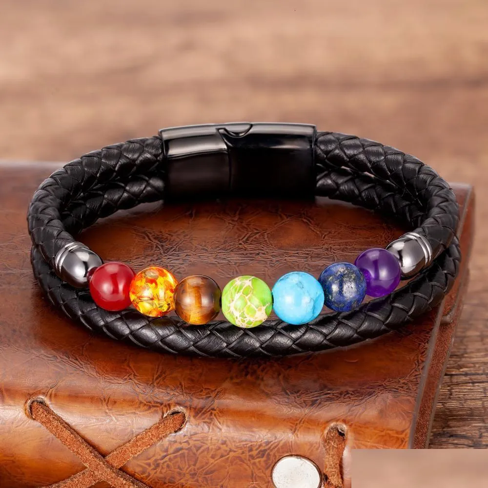 Charm armband chakra män armband 7 färg naturlig yoga helande sten pärlor svart äkta läder hommes pseras smycken gåvor släpp de dhlb2