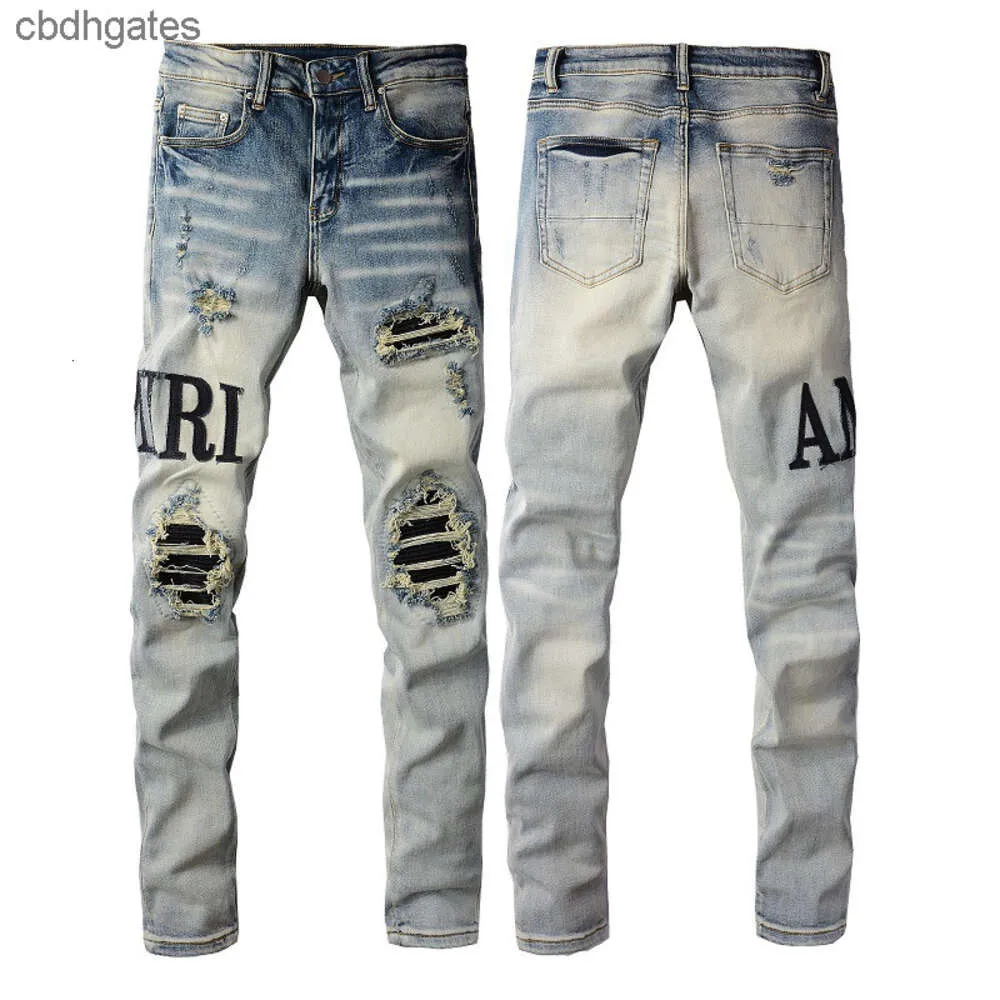 Straat 2023 Amiirii Mode Jean Paars Demin Hoge Jeans Heren Heren Gebroken Patch Slanke Legging #866