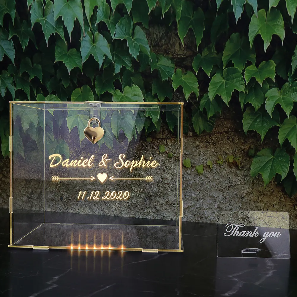 Outros suprimentos para festas de eventos Caixa de cartão personalizada Casamento DIY Acrílico Clear Box com sinal de bloqueio para recepção de casamento Graduação Festa de aniversário Baby Shower 230907