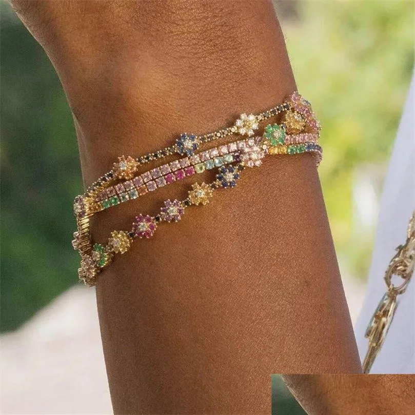 Bangle Arrived Fashion Thin Sparking Cz Colorf Flower Link Chain Bracelet Women Charming Romantic Gold Color Jewelry 220831 Drop Deliv Dhr7S