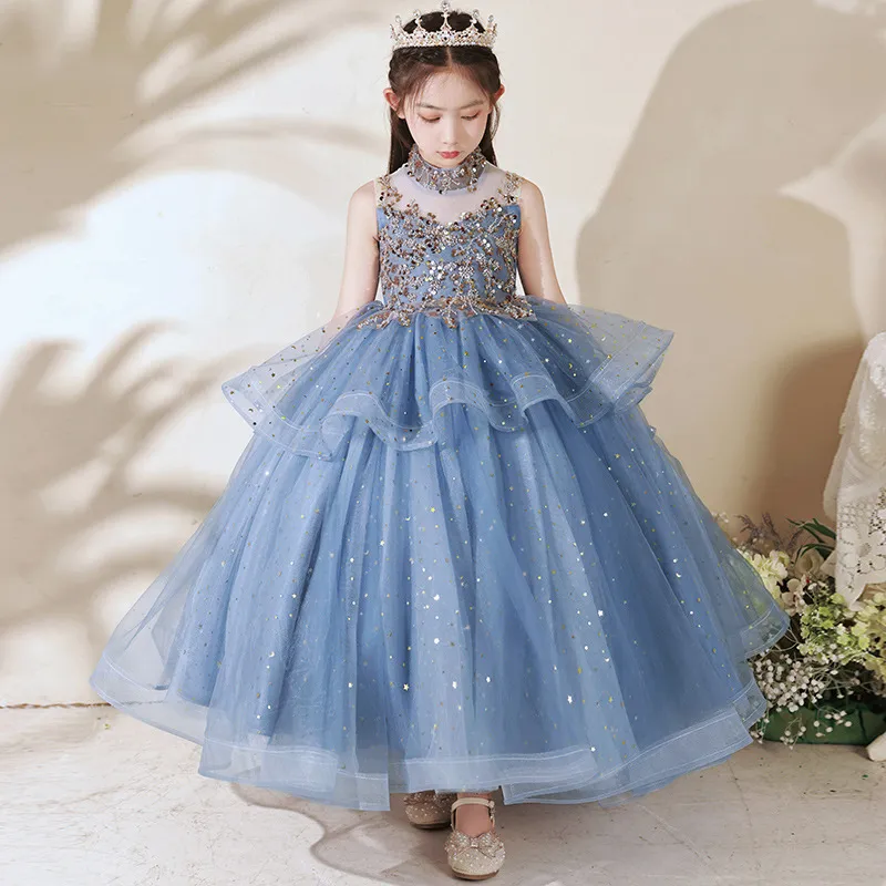 Hübsche Prinzessin Blumenmädchenkleider für Hochzeit Kleinkind bodenlange Plffy Tulle Kinder Ballkleid Prom Kleid Mädchen Festzug Geburtstagsfeierkleider 403