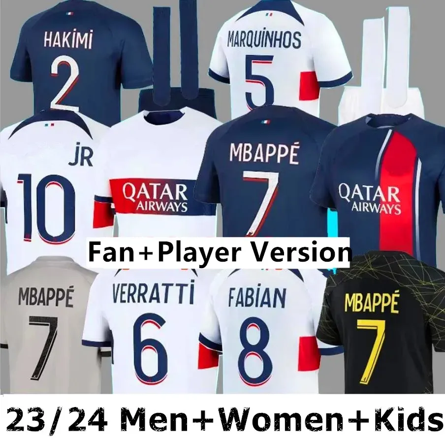 2023 2024 MBAPPE Soccer Jerseys Hakimi Home Away Fãs Jogador 23 24 Maillots de Futebol Camisa Marquinhos Verratti Icardi Uniform Kits Kit Sets