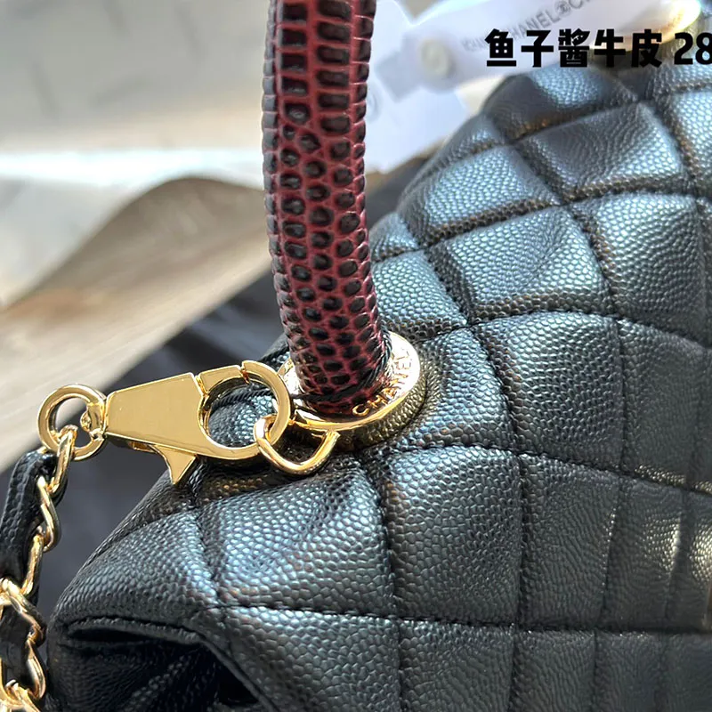 Fashion all-match senior cowhide women hand cover bag with caviar material original hardware buckle 28 with folding gift box