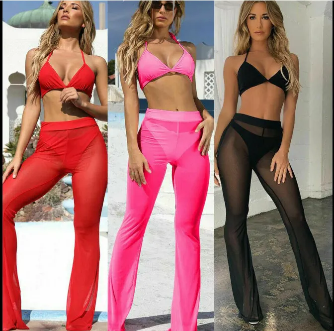 Calças femininas sexy quentes capris praia malha transparente cintura alta elástica pura calças de perna larga calças biquíni cobrir S-XL