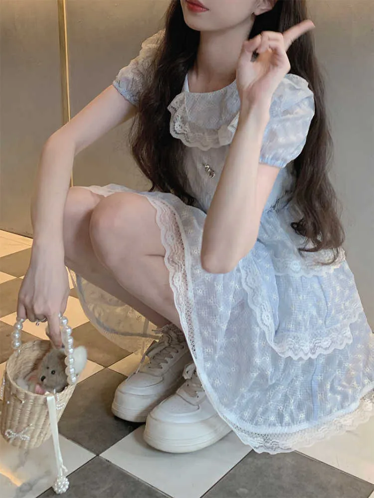 Bleu japonais Kawaii doux Dres imprimer dentelle coréenne fête Mini robe femme manches bouffantes élégant mignon princesse 230808