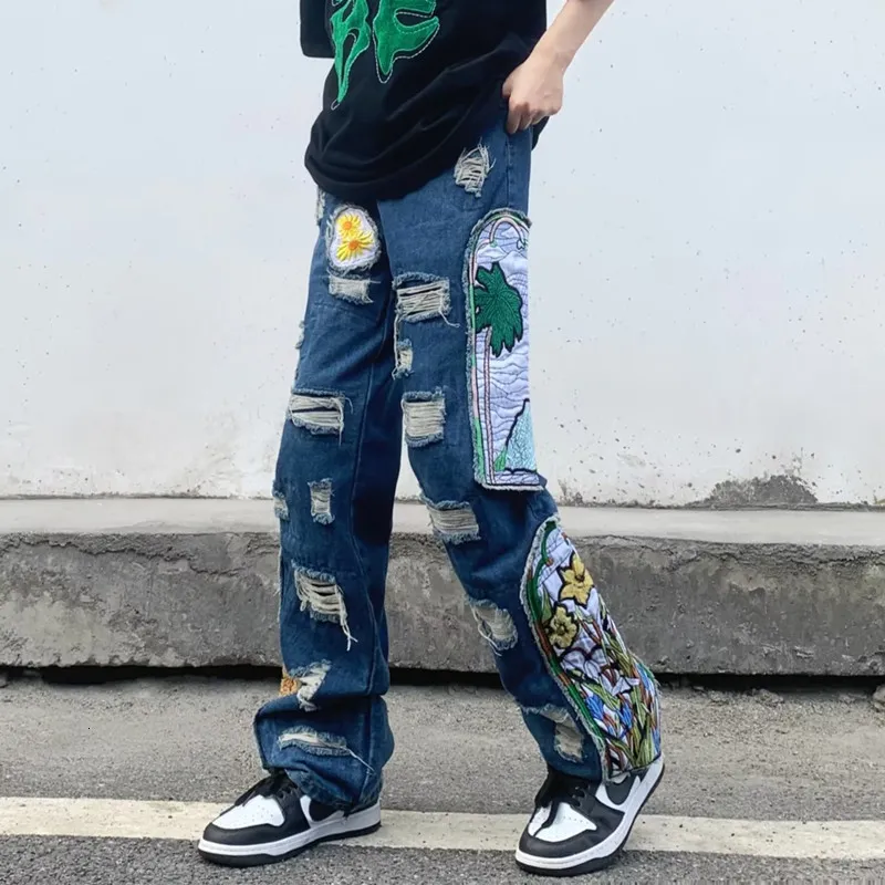 Jeans masculinos 2023 grunge roupas y2k streetwear baggy empilhados calças rasgadas para homens remendo bordado hip hop denim calças ropa hombre 230907