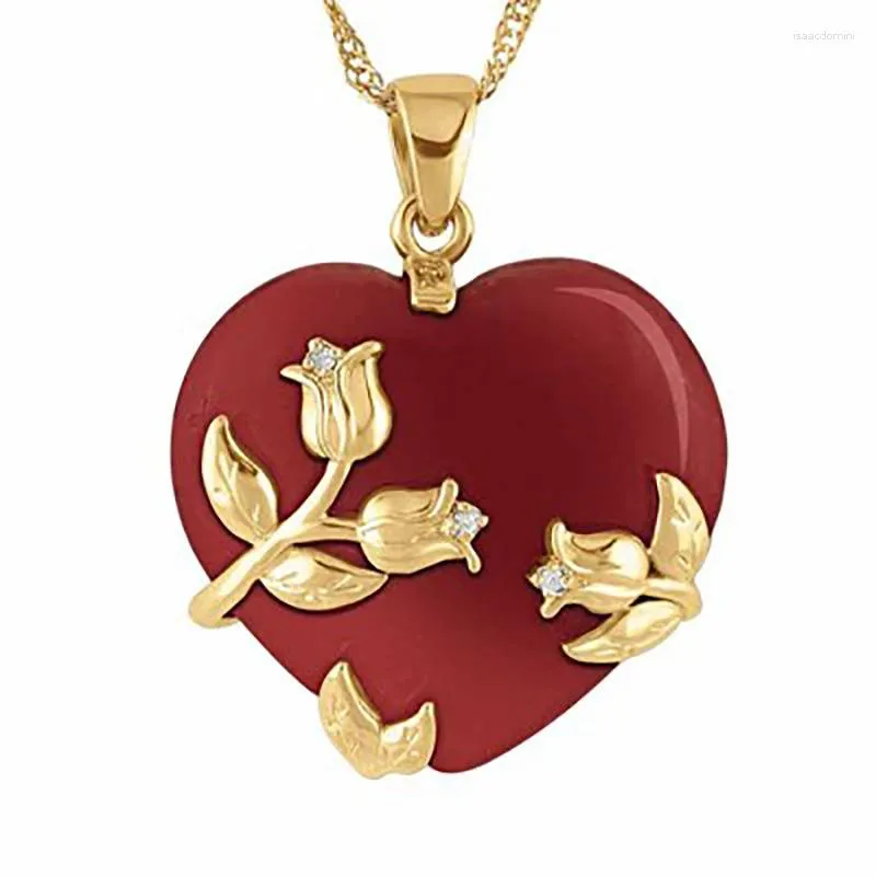 Collares colgantes Romántico Corazón rojo Rosa Flor Collar Encantador Boda de las mujeres Cadena de oro Joyería Regalo del día de San Valentín