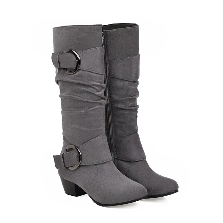 Bottes hautes en Faux daim pour filles, chaussures d'automne et d'hiver, larges boucles plissées, talons pointus de 5cm, chaussures de fête