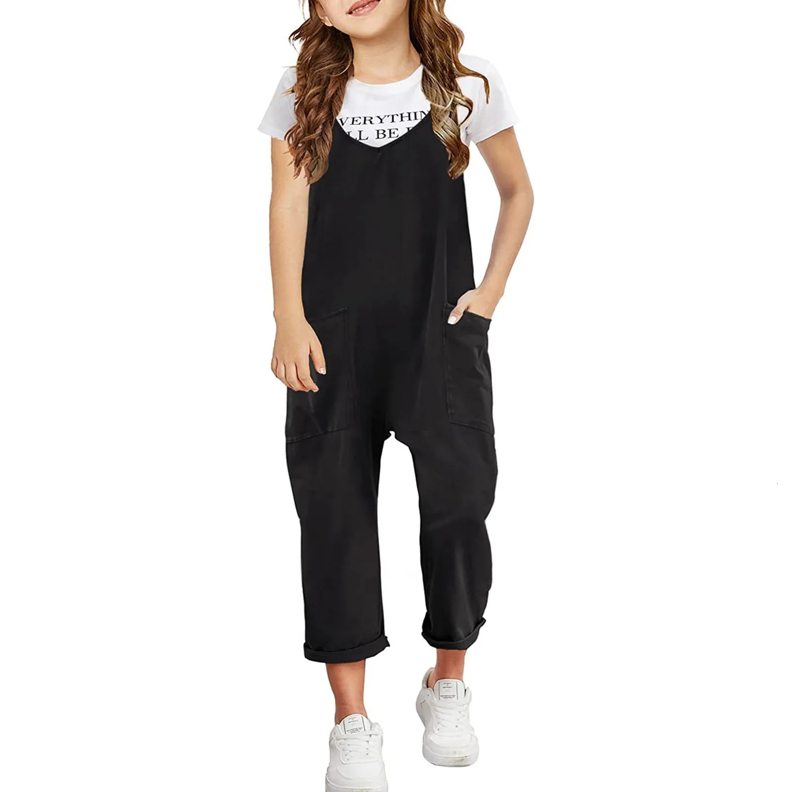 Casual Sleeveless Romper With Pockets For Girls Spaghetti Straps