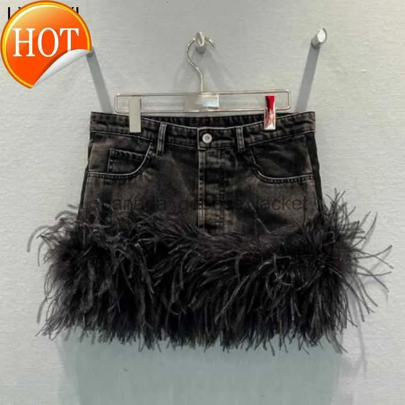 Skirts Skirts LXUNYI High Waist Denim Skirt Women Fashion Vintage Sexy Feather Patchwork Mini Short Jean Skirts Ladies Runway Mini Skirt 230314L230908