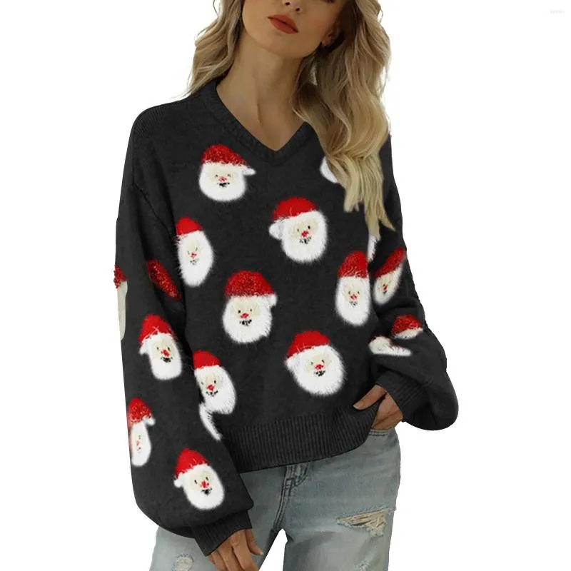 Christmas Santa Head Pattern V Neck Hooded Sweatshirt Sweater