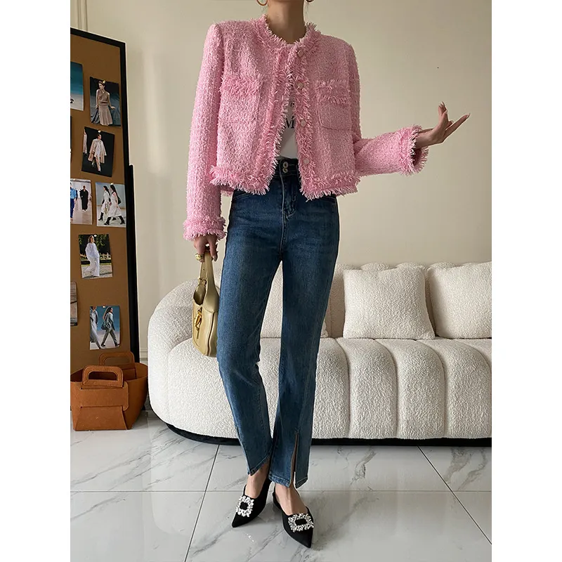 Women s Jackets Pink Fringe Fur Shoulder Pad Tweed Jacket Blazer Boucle Crop Coat for Women Spring 230908