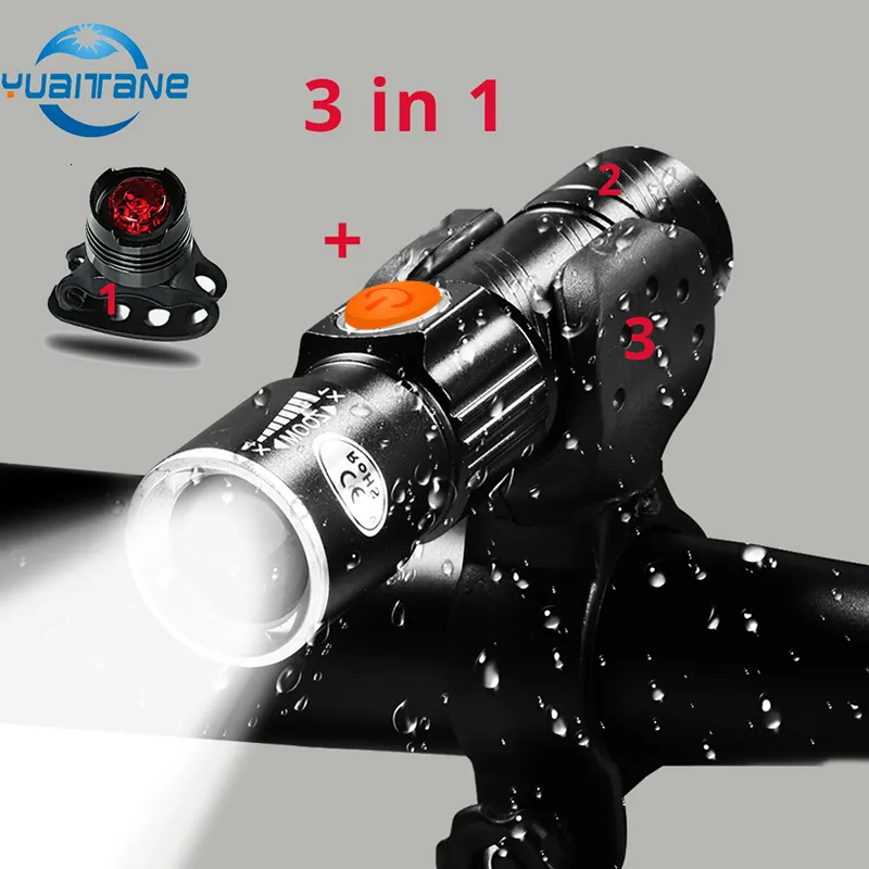 Bike Lights 3 in1 8000 Lumen Bicycle Light Set USB rechargeable LED Waterproof Super Bright Zoom Headlight Rear light MTB 230907