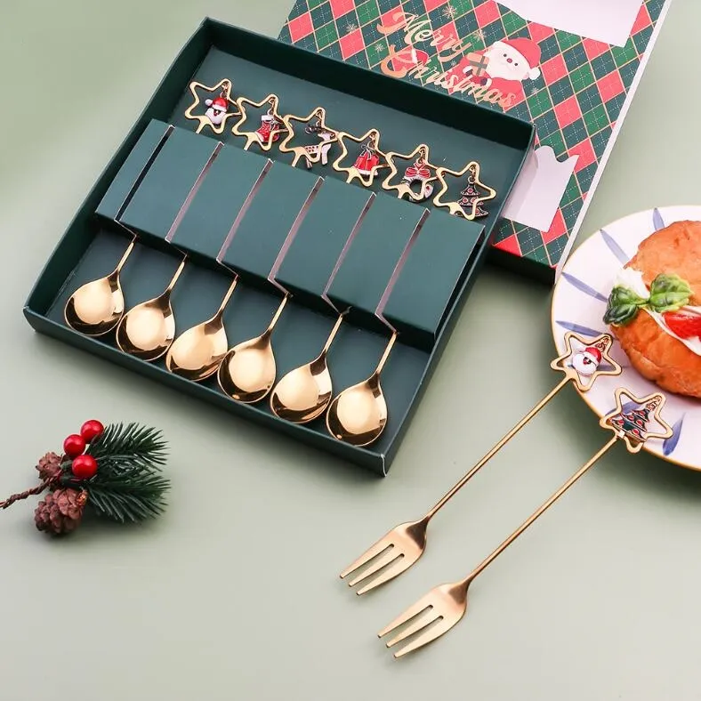 Christmas Coffee Tea Spoons 6pcs/set Stainless Steel Christmas Gift Spoon and Fork with Gift Box Golden Dinnerware Set with Ornament Q565