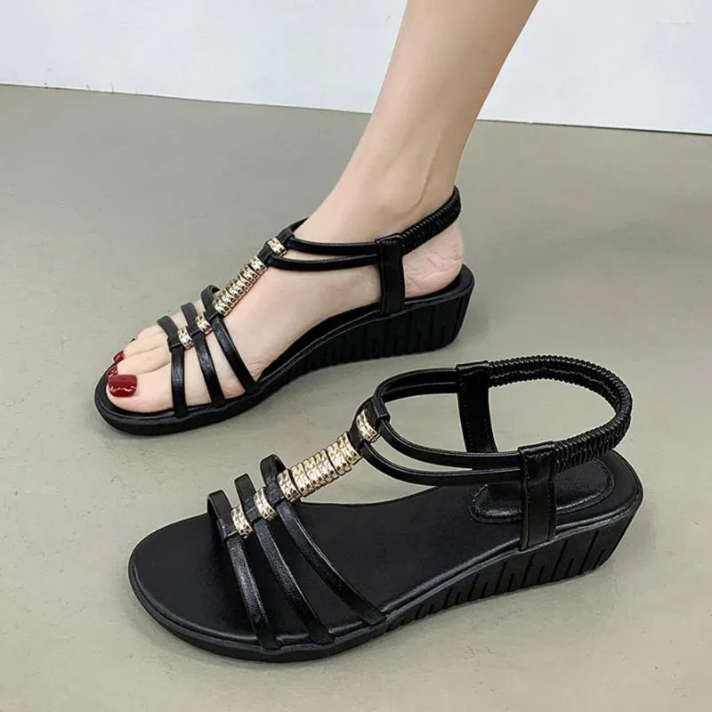 Sandals Black/Red Black Golden Rings T Strap Wedges Breathable Comfortable For Outdoor Wear Versatile Women's