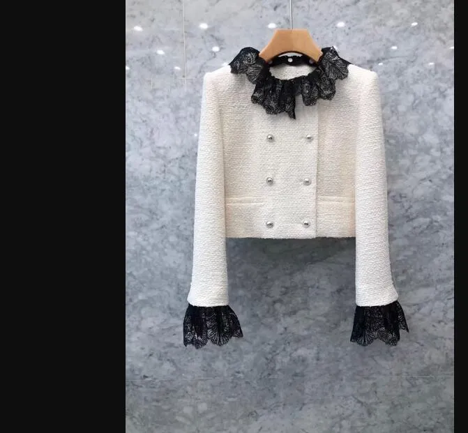 Ladies tweed woolen cloth autumn lace collar double-breasted jacket S M L XLLadies tweed woolen cloth autumn desinger lace collar double-breasted jacket S M L XL