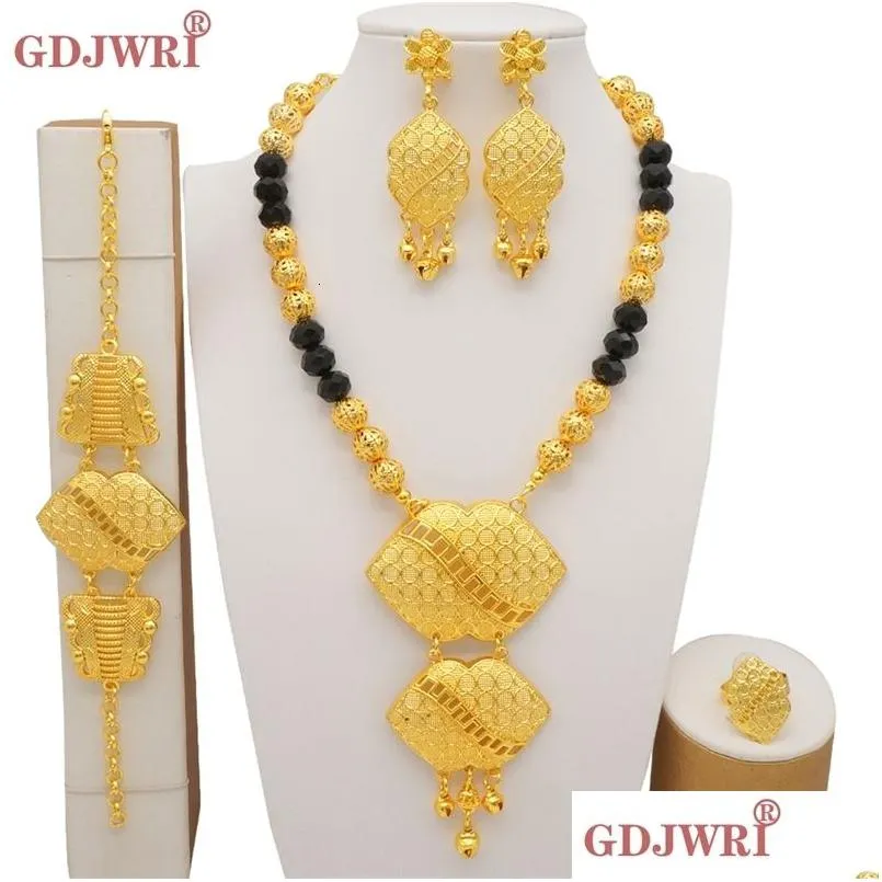 Schmuck Sets Luxus Dubai Gold Farbe Afrikanische Indische Äthiopien Braut Geschenke Party Für Frauen Halskette Ohrringe Set Drop Lieferung Dh9Ce