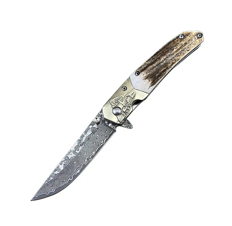 Special Offer A1963 Flipper Folding Knife VG10 Damascus Steel Drop Point Blade Deer Horn with Brass Head Handle Outdoor Camping Hiking EDC Pocket Knives