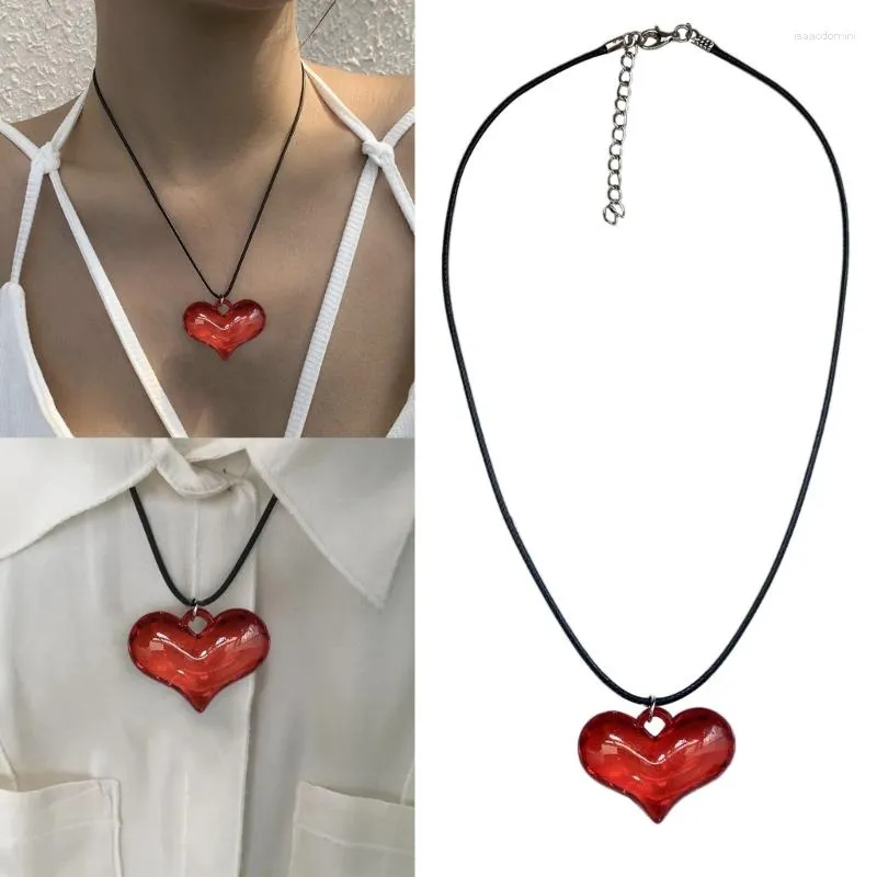 Pendant Necklaces Red Heart Necklace Big Resin Clavicle Chain Black Rope Adjustable Jewelry Gift Women