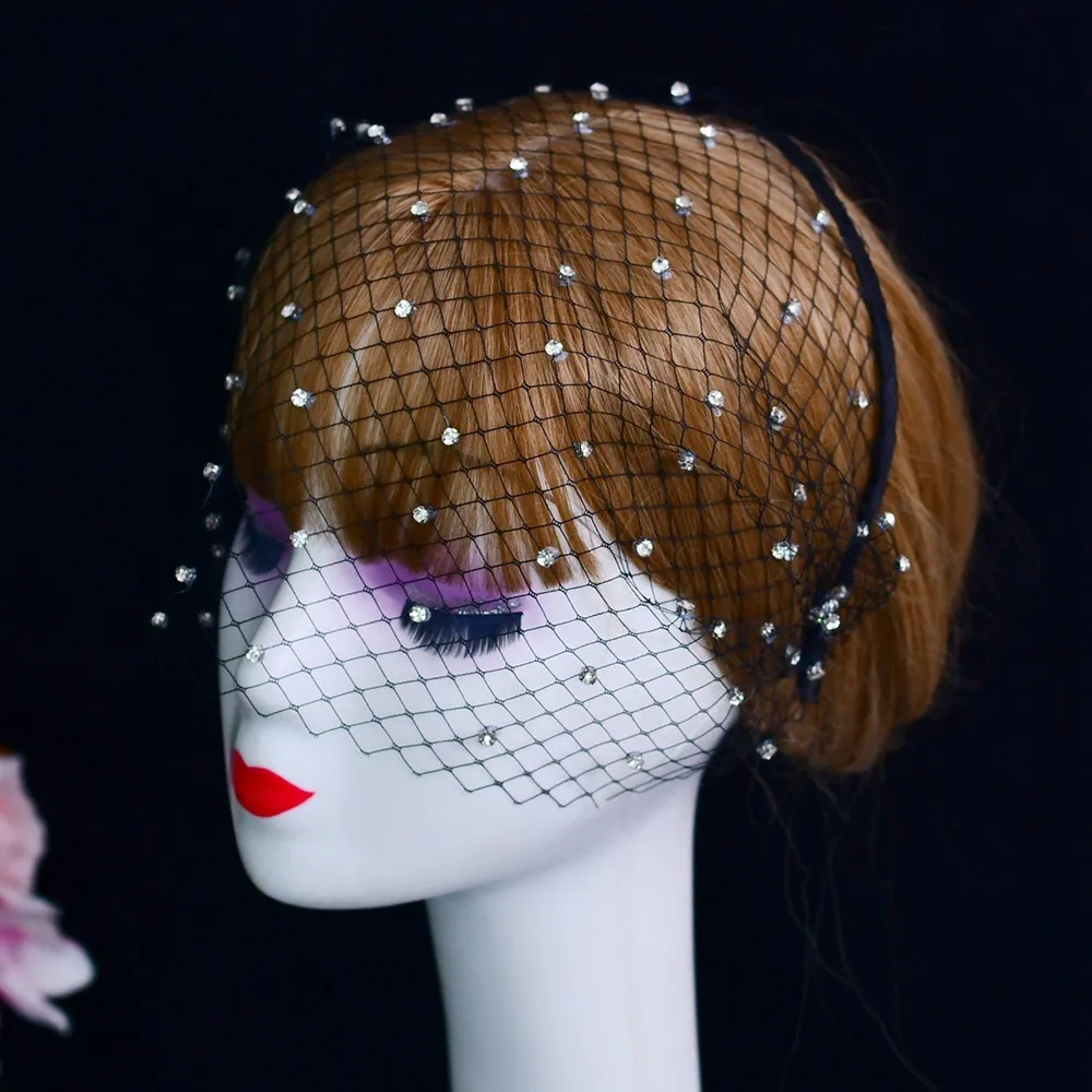 White Headband Veil for Bridal Crystal Birdcage Black Face Net Mask Short Veil Fascinator Elegant Charming Veil Black