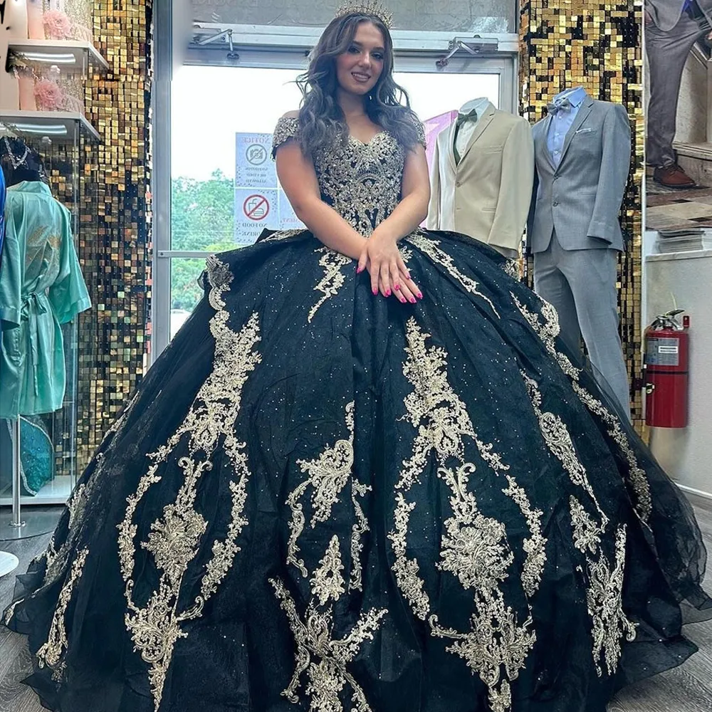 Zwart Uit De Schouder Baljurk Quinceanera Jurk Voor Meisje Kralen Verjaardagsfeestje Jurken Applicaties Prom Jurken Vestido De 15 Anos 326 326