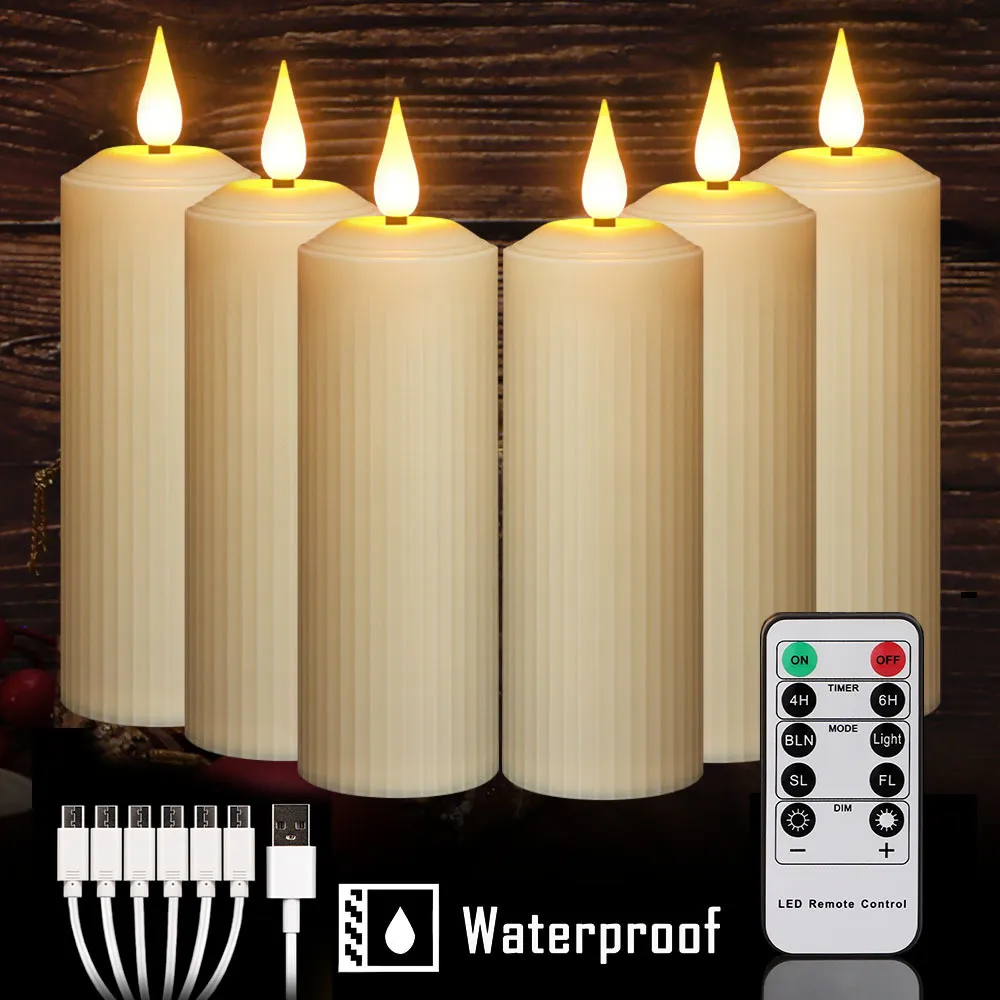 Velas LED vela recarregável por USB com cintilação chama casamento decorativo tealight cronometrado remoto colunar 230907