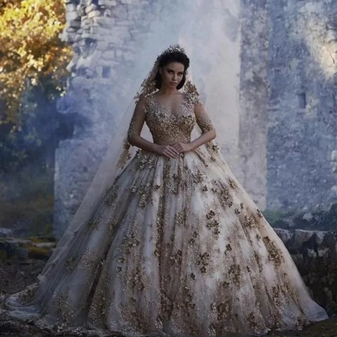 Robe De mariée dorée à demi-manches, en dentelle florale, robes De mariée, grande taille, en Stock, 328 328