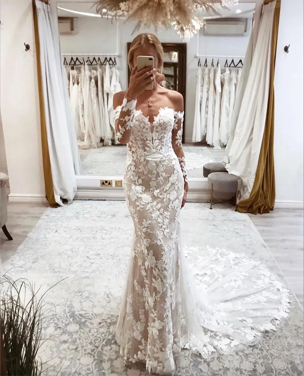 off the shoulder long sleeve lace mermaid wedding dress Off-Shoulder Long Sleeves Pleated Sleek Mermaid Wedding Dress Loveiss