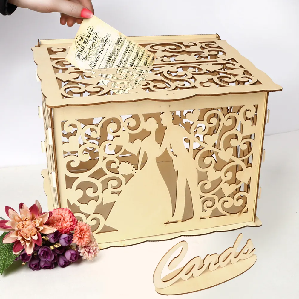 Autres fournitures de fête d'événement Boîte de carte de mariage Boîtes en bois Fournitures de mariage DIY Couple Cerf Oiseau Modèle de fleur avec serrure Enveloppe Carte de visite Boîte en bois 230907