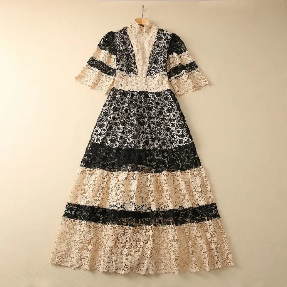 Khaki Floral Lace Embroidery Maxi Dress with 3/4 Flare Sleeves and Stand  Collar Plus Size XXL from Dhgate Basic & Casual Dresses - price 96.81