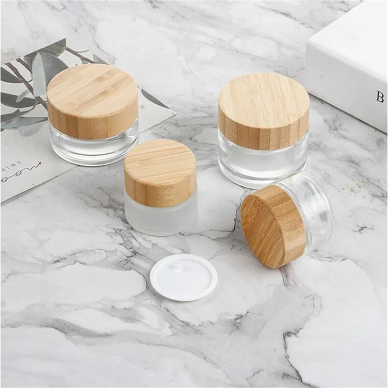 Frosted Clear Glass Cream Jars Natural Bamboo Lids Empty Refillable Cosmetic Container Bottles Exempel Burkar 5G 15G 30G 50G 100G