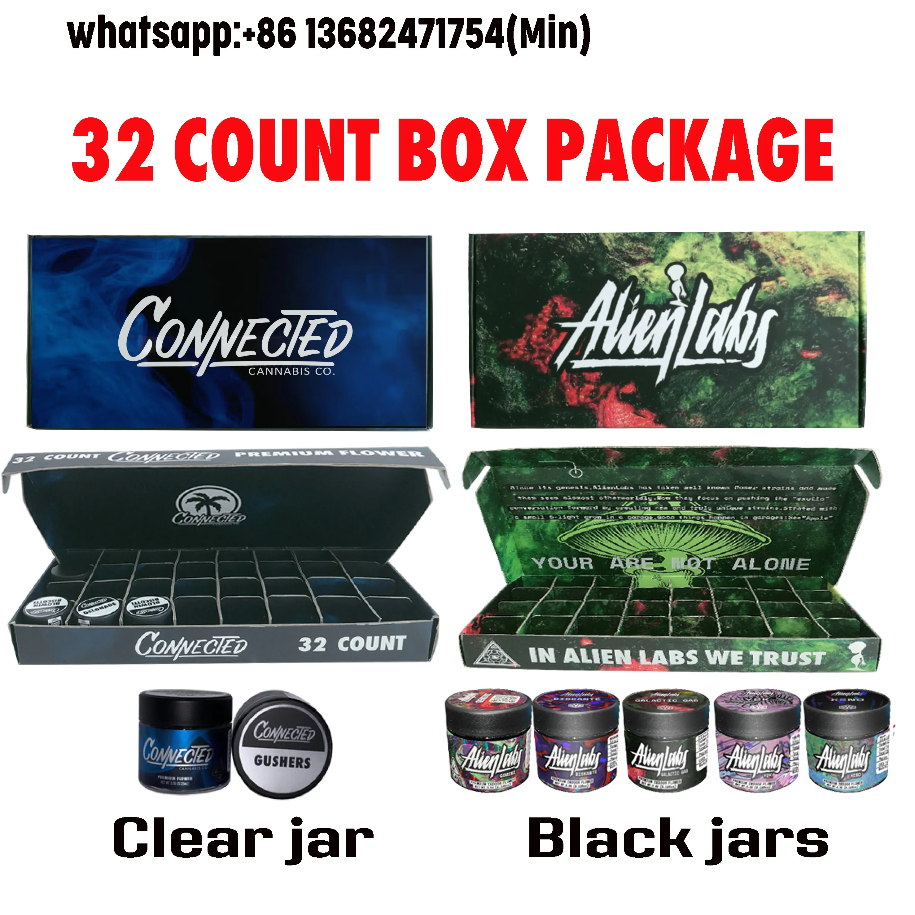 Leer, 32 Zähleinheiten, 3,5 Gramm Blume, Alien Labs Connected Black Glass Jar-Verpackung, Alienlabs-Aufkleber, 60 ml-Behälter, Konzentrat, Monnrock-Kekspackungen