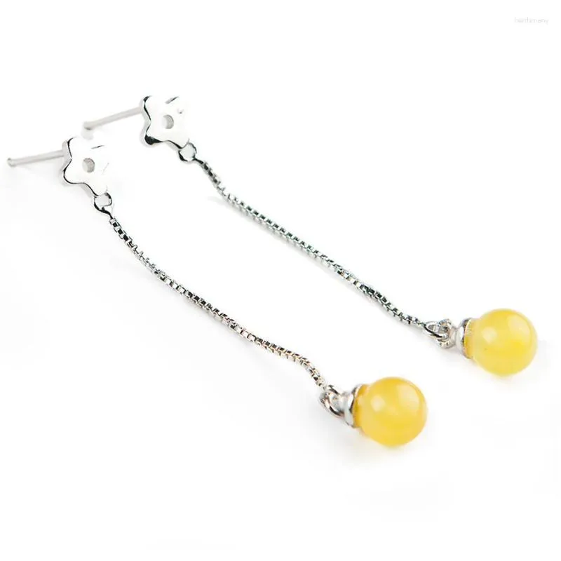 Boucles d'oreilles pendantes en cristal de pierres précieuses d'ambre naturel jaune véritable pour femmes, breloques en argent, bijoux fins, longue goutte