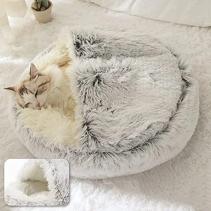 kennels pens Winter Long Plush Pet Cat Bed Round Cat Cushion House Warm Cat Basket Cat Sleep Bag Cat Nest Kennel 2 In 1 For Small Dog Cat 230908