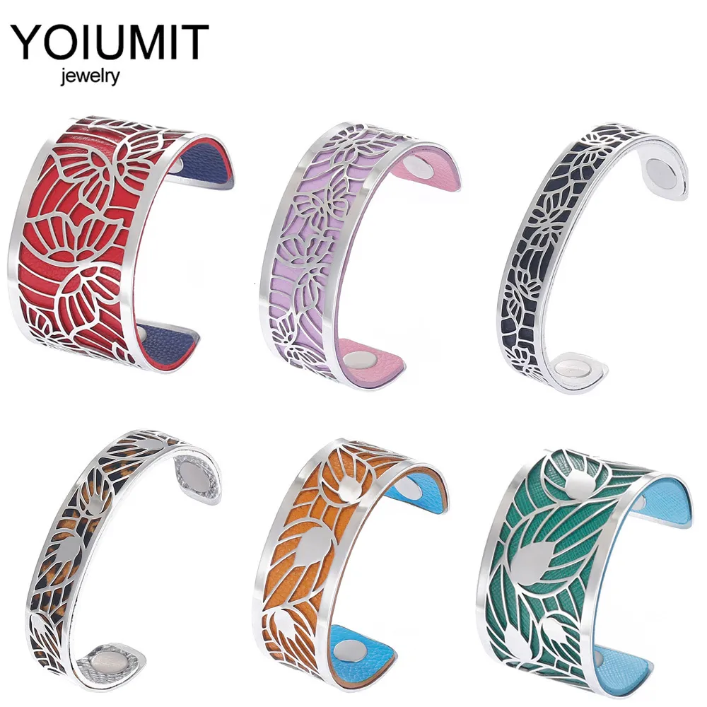 Bracelet Yoiumit 14mm/25mm/40mm femmes Bracelet en acier inoxydable manchette Bracelets pour Femme Interchangeable réversible Bracelet en cuir 230907