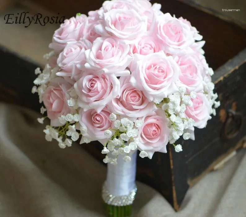 Bruiloft Bloemen EillyRosia Roze Bruidsboeket Rozen Gypsophila Ronde Eenvoudige Lovertjes Wit Lint Bruidsmeisje Houden Bloem Mariage