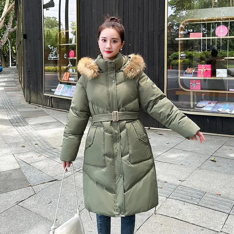 Dames Trenchcoats 2023 Bontkraag Lange Parka Down Katoenen Pufferjassen Dikke Warme Koreaanse Snowsuit Mouw Zakriem