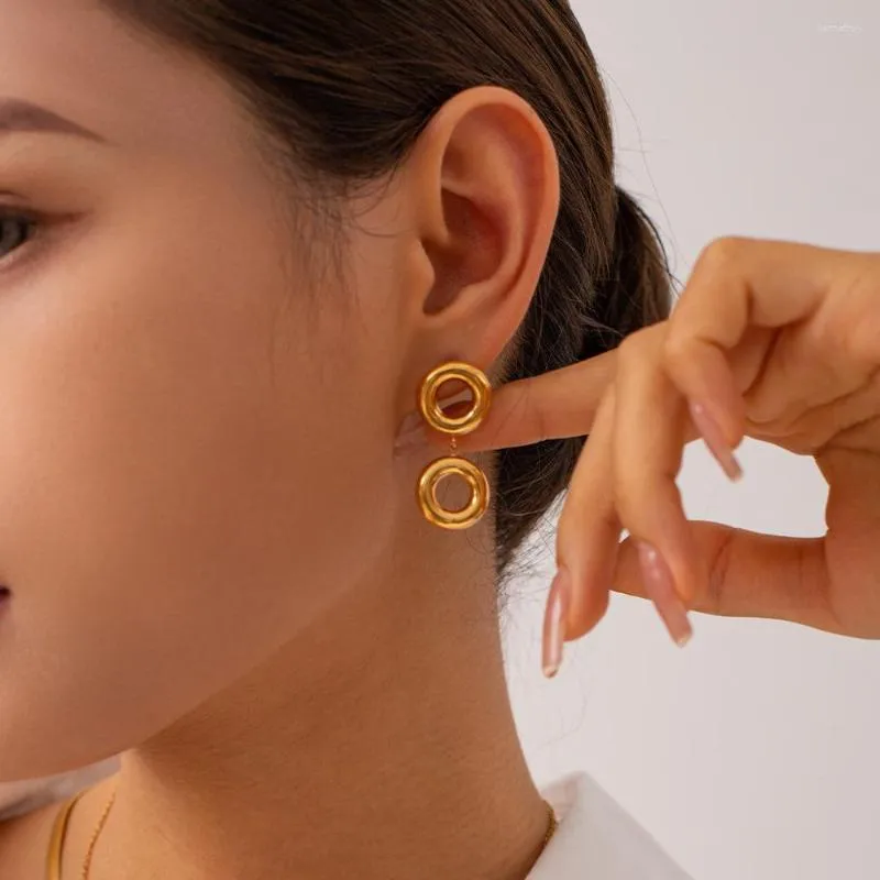 Boucles d'oreilles pendantes Minar, breloques en or 18 carats, placage PVD, acier inoxydable, ajouré, métallique, Double cercle rond Long pour femmes