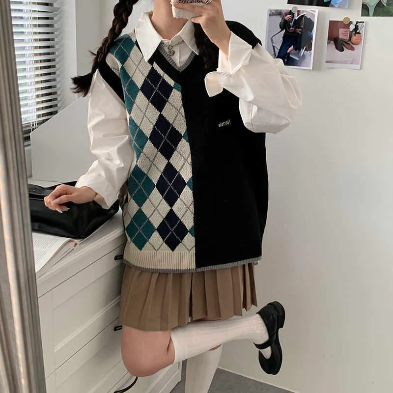 Deeptown Preppy Style Vintage Argyle Sweater Yelek Kadın Japon JK Büyük boy asimetrik örgü üst harajuku tatlı jumper kadın