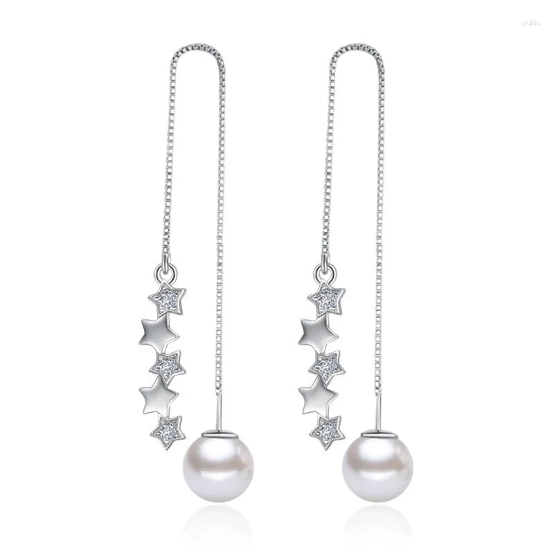 Orecchini pendenti in argento sterling 925 con stella di moda, perla di cristallo, goccia lunga, per regalo di compleanno all'ingrosso di gioielli da donna