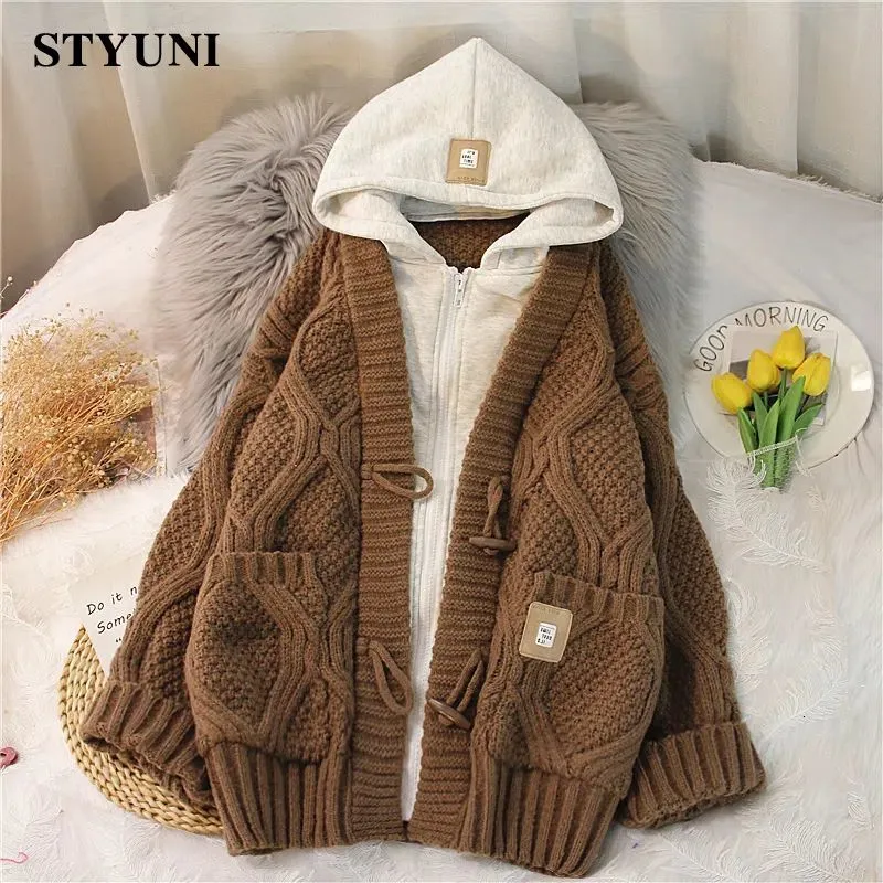 Women's Knits Tees Brown Zippers Hooded Twists Thick Acrylic Knitted Long Sleeve Loose Sweater Korean Fashion Pullover Sweaters Winter 2023 230907